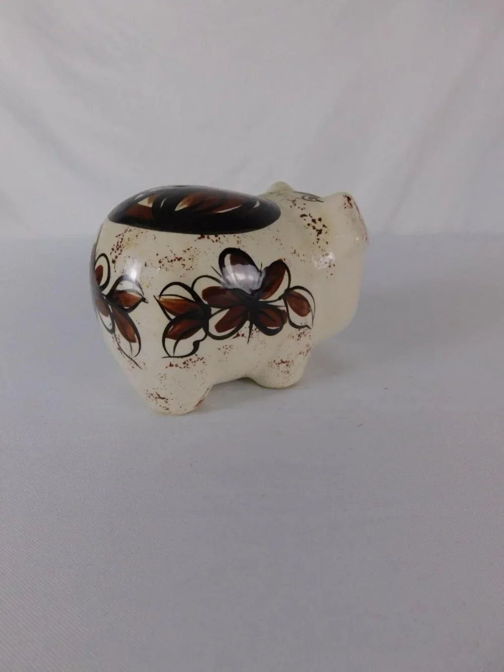 Vintage Hawaii Small Ceramic Piggy Coin Bank Brown Flower Kawaii Decor Figurine